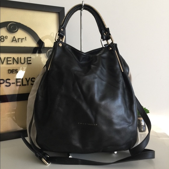 Coccinelle Handbags - Coccinelle Black Leather Canvas Sides Satchel Bag